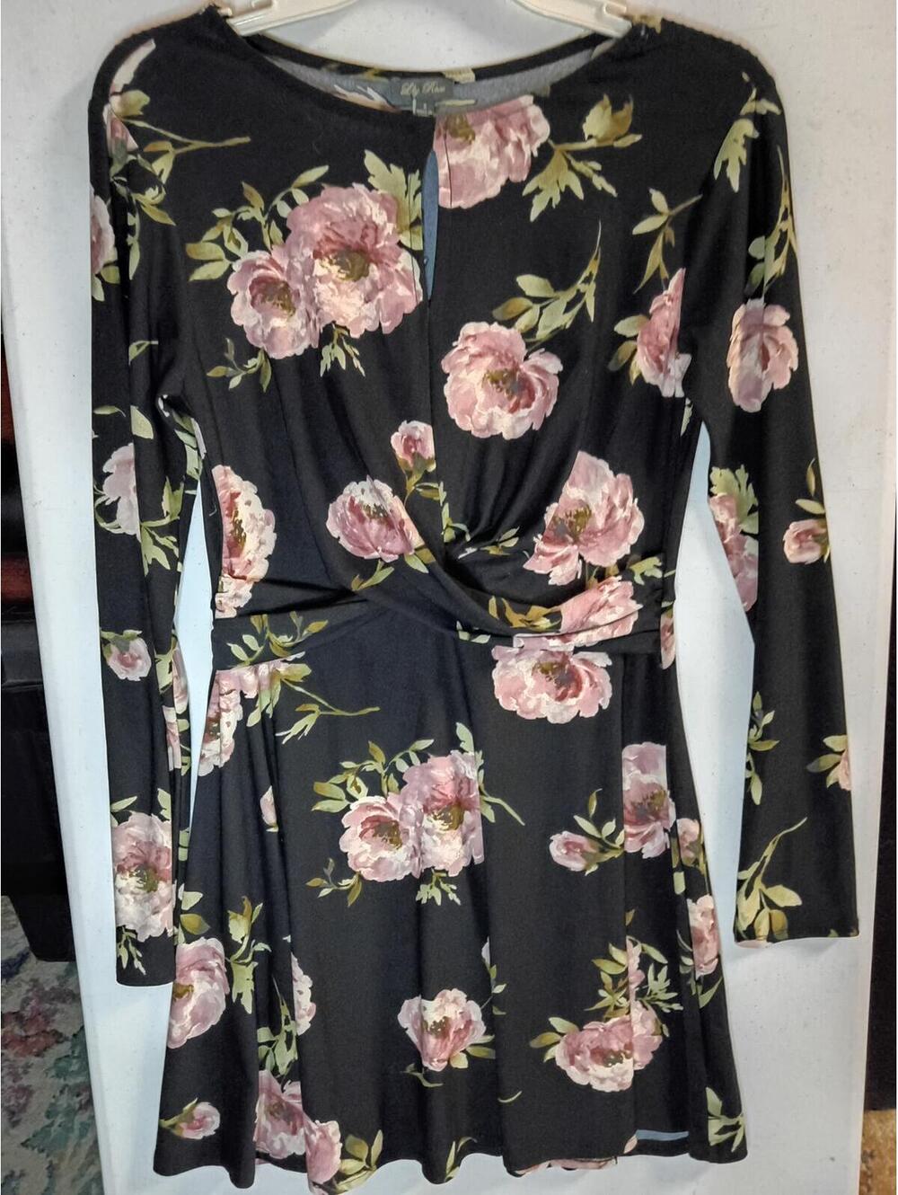 Lily Rose Black Floral Long Sleeve Dress, Size Small